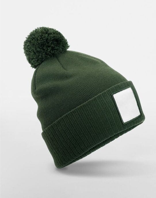 Beechfield B338R Appliqué Patch Pom Beanie - Olive Green/White