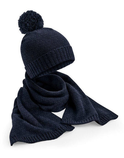 Beechfield B401 Knitted Scarf&amp;Beanie Gift Set - Navy Fleck