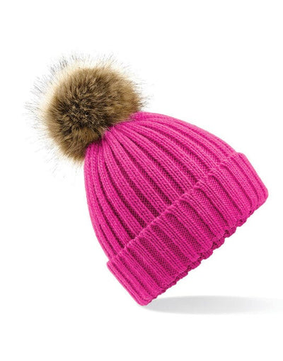 Beechfield B412 Fur Pop Pom Chunky Beanie - Fuchsia