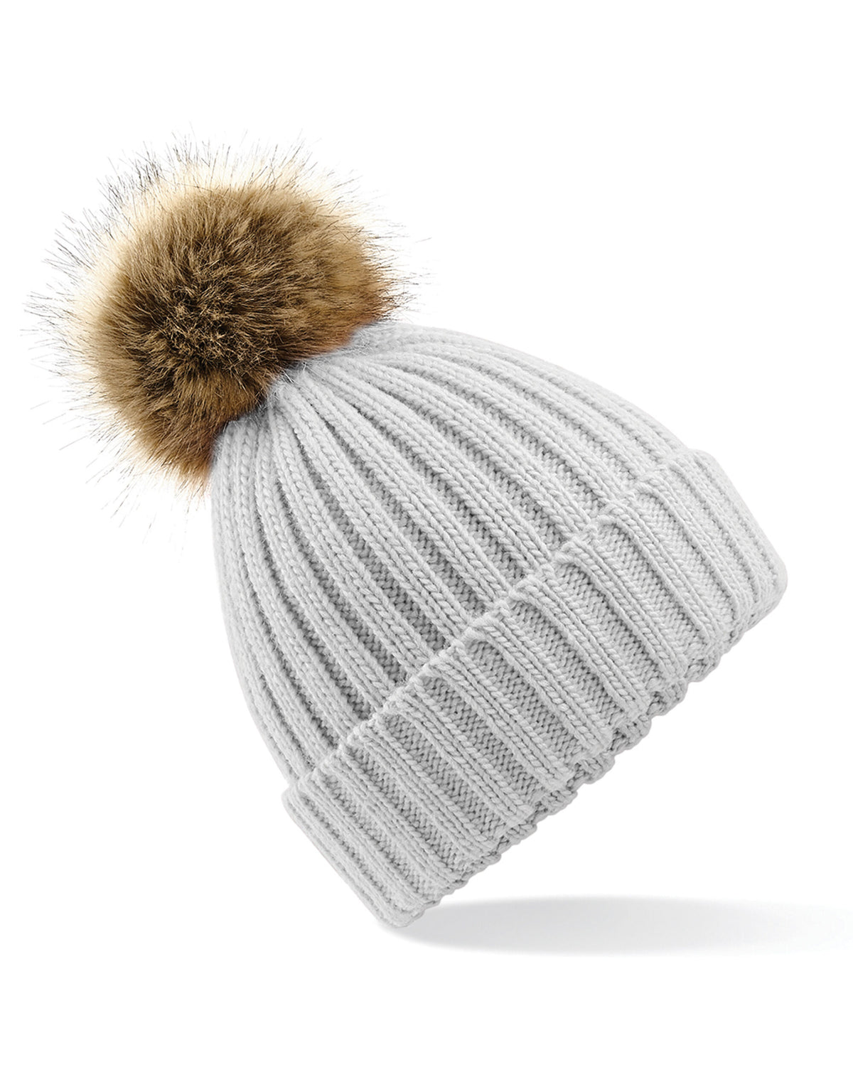 Beechfield B412 Fur Pop Pom Chunky Beanie - Light Grey
