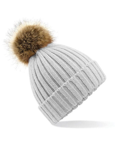 Beechfield B412 Fur Pop Pom Chunky Beanie - Light Grey