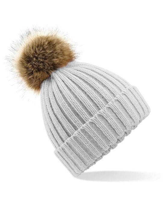 Beechfield B412 Fur Pop Pom Chunky Beanie - Light Grey