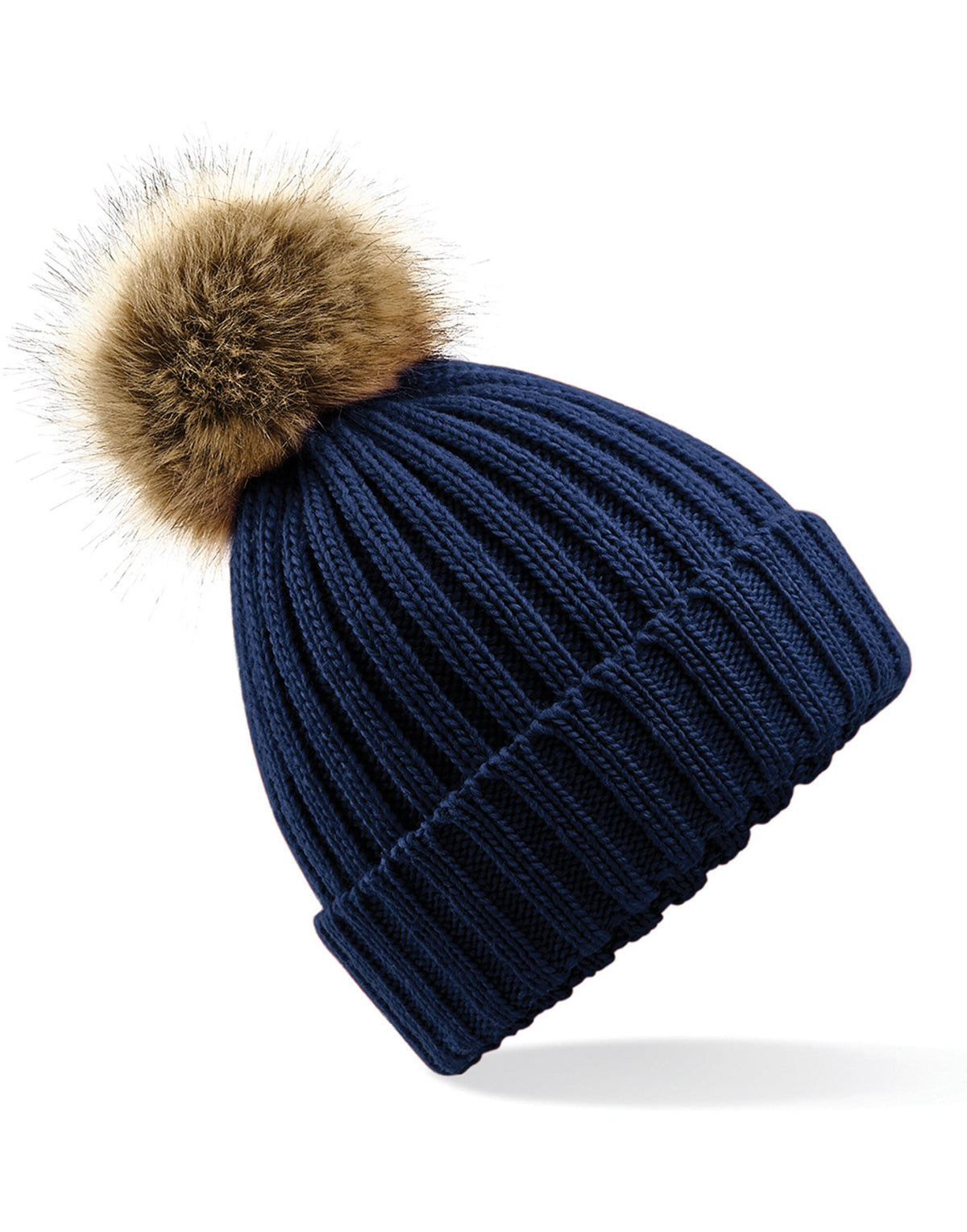 Beechfield B412 Fur Pop Pom Chunky Beanie - Navy