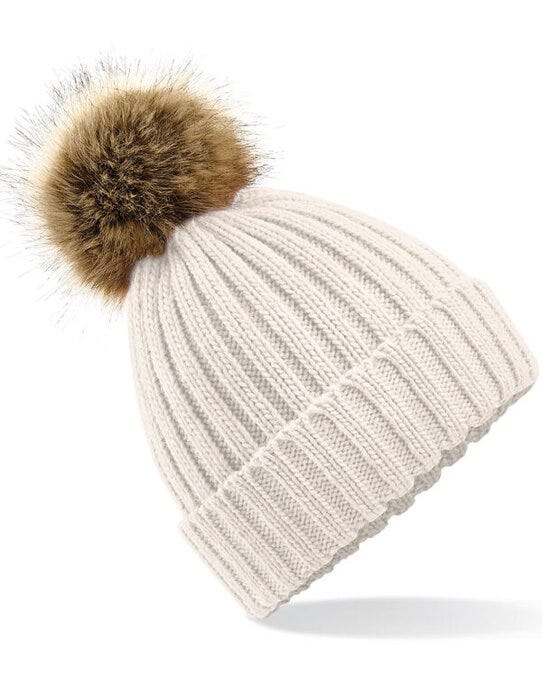 Beechfield B412 Fur Pop Pom Chunky Beanie - Oat