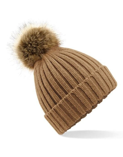 Beechfield B412 Fur Pop Pom Chunky Beanie - Biscuit