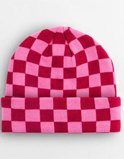 Beechfield B531 Checkerboard Beanie - Classic Red/True Pink