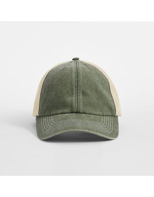Beechfield B672 6 Panel Vintage Trucker - Vintage Olive/Stone