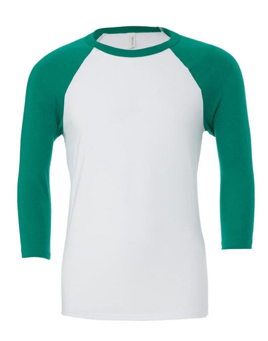 Bella + Canvas CA3200 Canvas Unisex 3/4 Sleeve Baseball Tee - White/Kelly Green