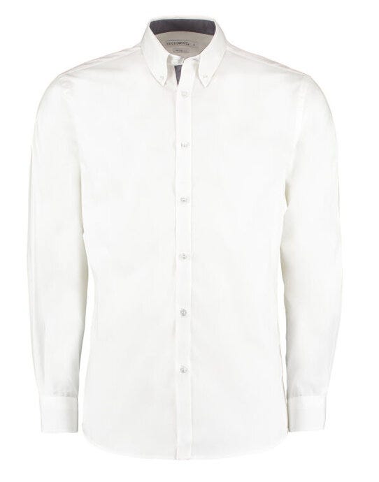 Kustom Kit KK190 Mens LS Contrast BDC Shirt - White/Mid Blue