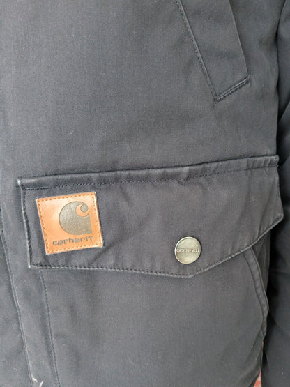Carhartt WIP Trapper Jacket Black Faux Fur Hood Men’s Size S Small Winter Parka - USASTARFASHION