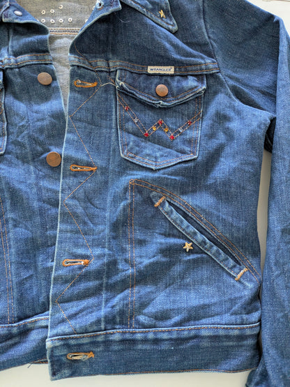 Vintage Wrangler Girls Denim Jacket Kids Large Age 8-10 Embellished Stars Blue - USASTARFASHION