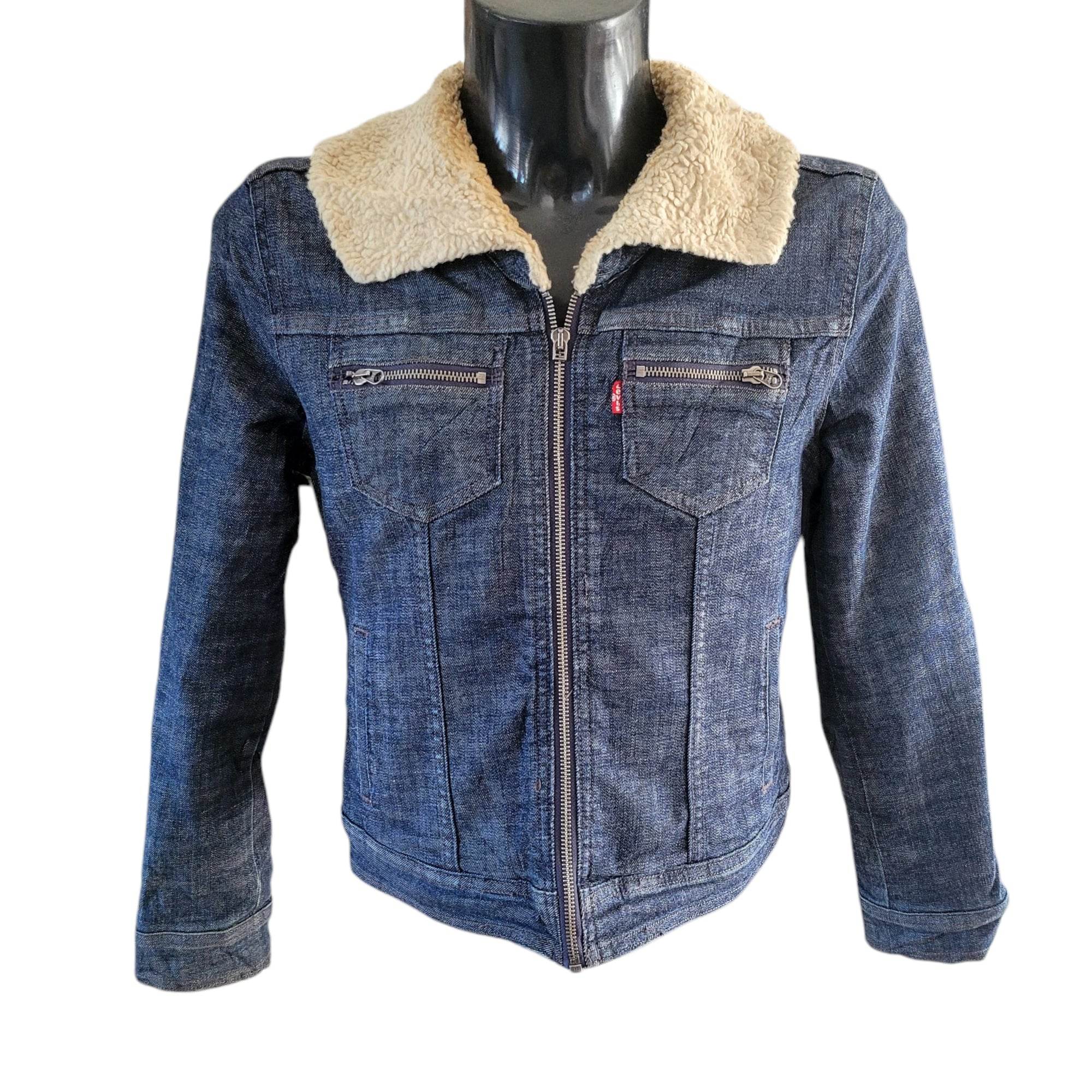 Vintage Levi’s Women’s Sherpa Denim Jacket – Dark Wash, S/P - USASTARFASHION