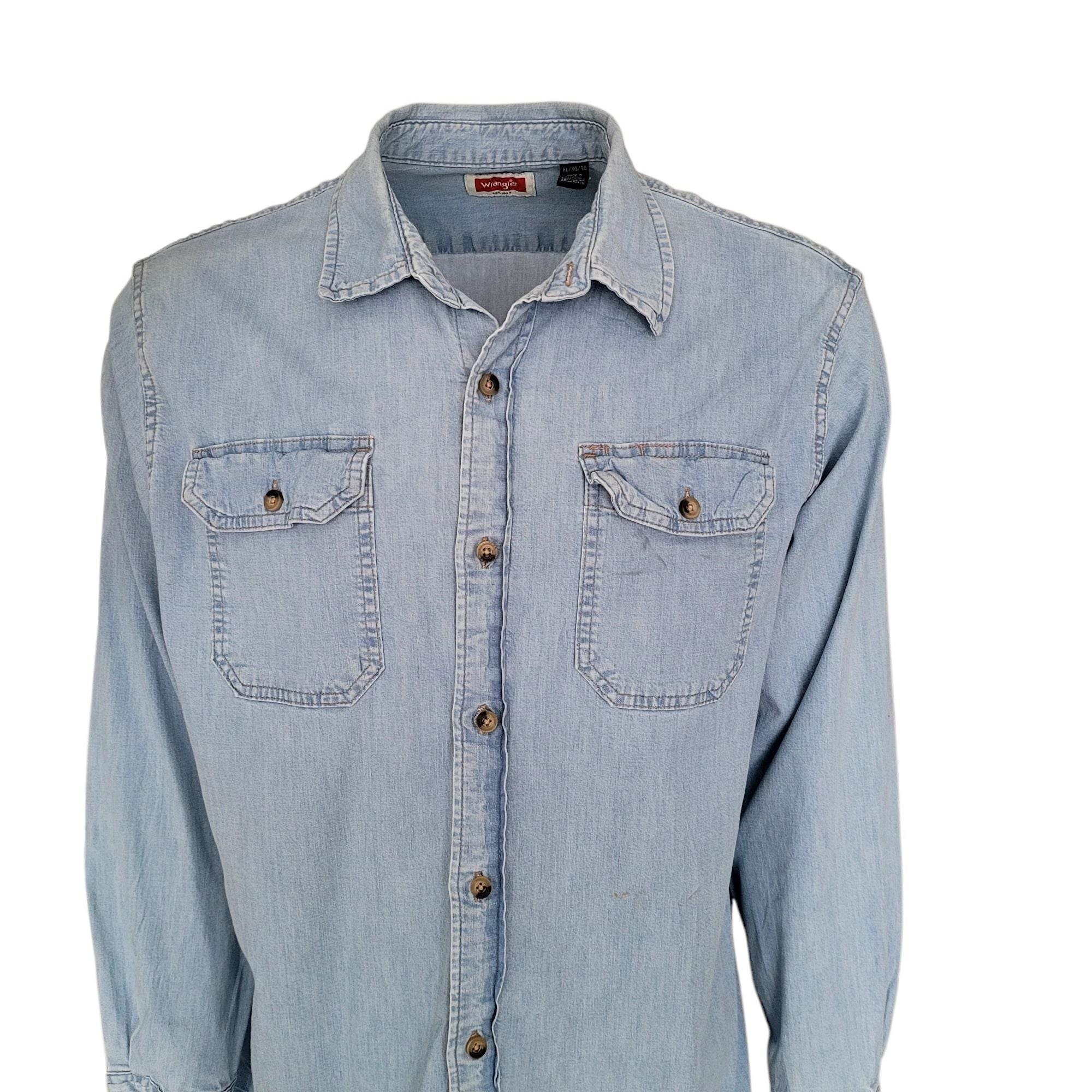 Vintage Wrangler Denim Pearl Snap Shirt – XL, Light Blue - USASTARFASHION