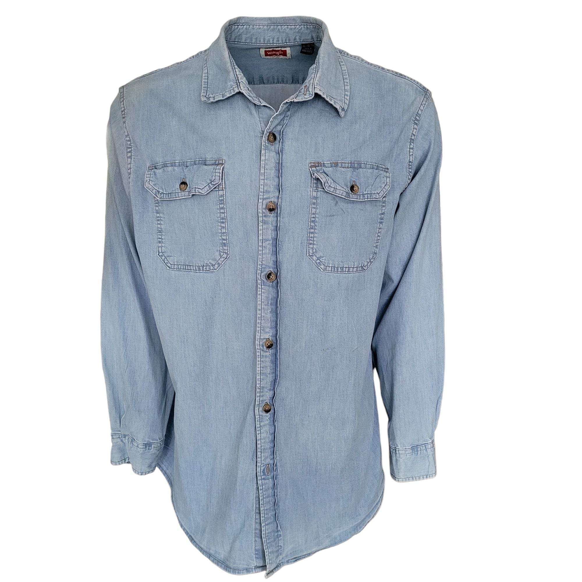 Vintage Wrangler Denim Pearl Snap Shirt – XL, Light Blue - USASTARFASHION