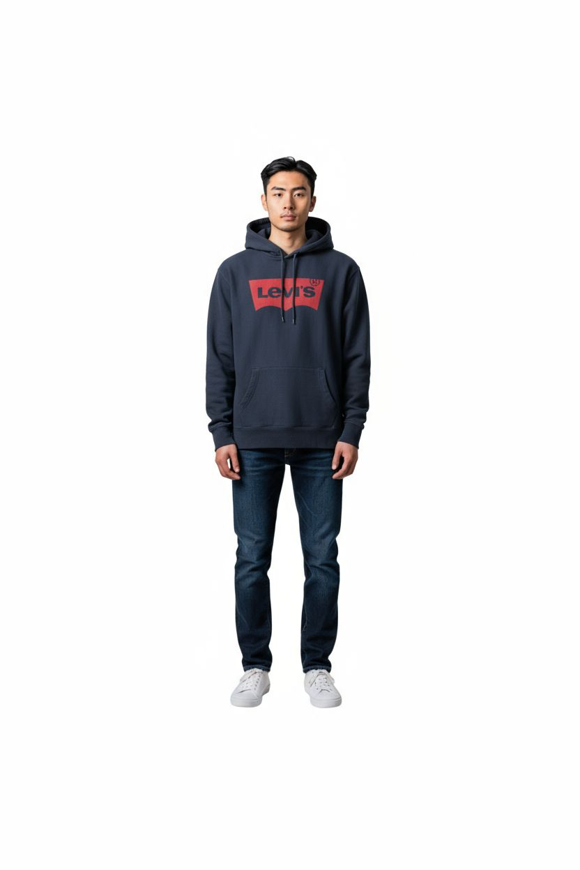 Levi’s Men’s Hoodie XXL Navy Blue Red Batwing Logo Pullover Kangaroo Pocket - USASTARFASHION