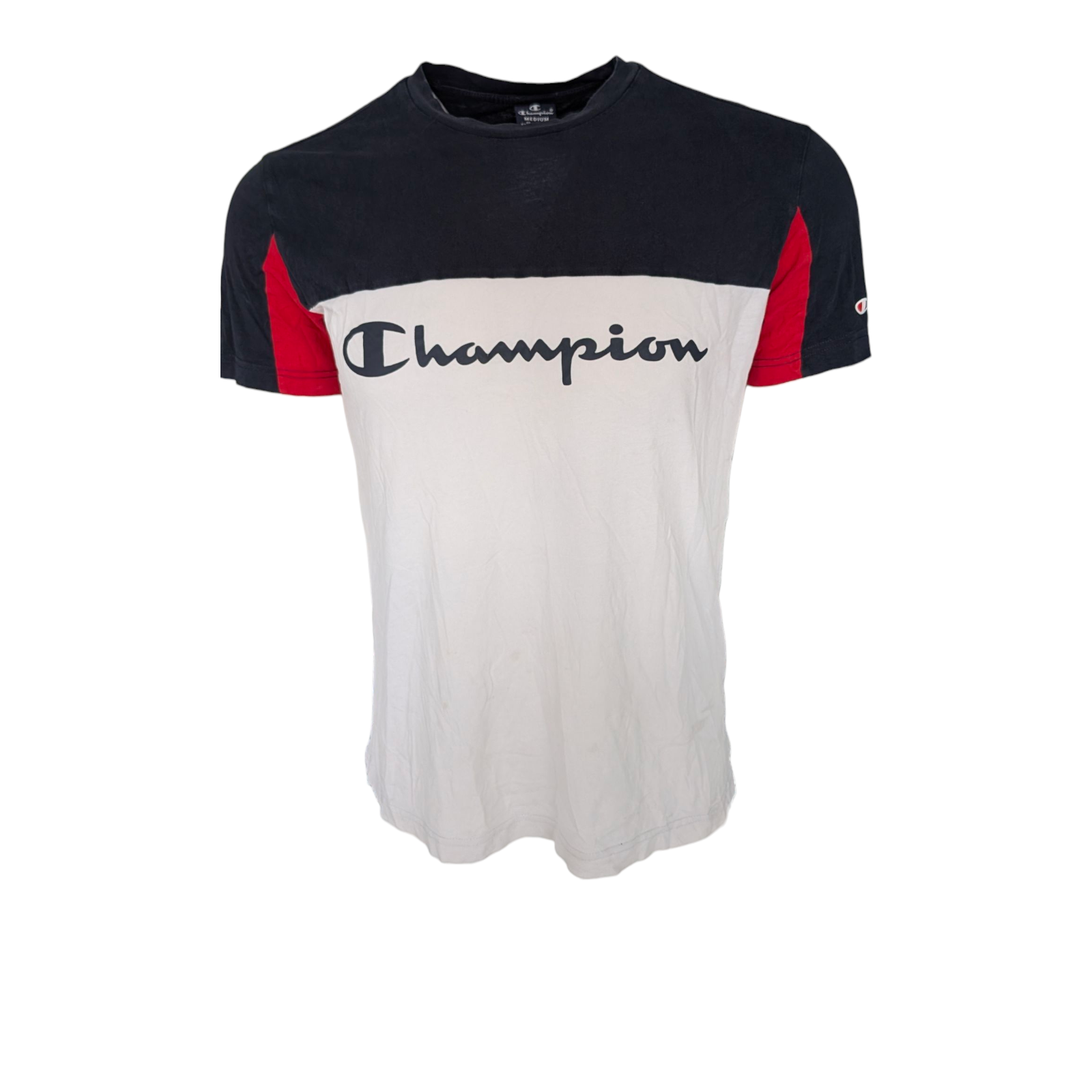 Champion Men’s T-Shirt Medium Navy White Red Color block Script Logo Tee - USASTARFASHION