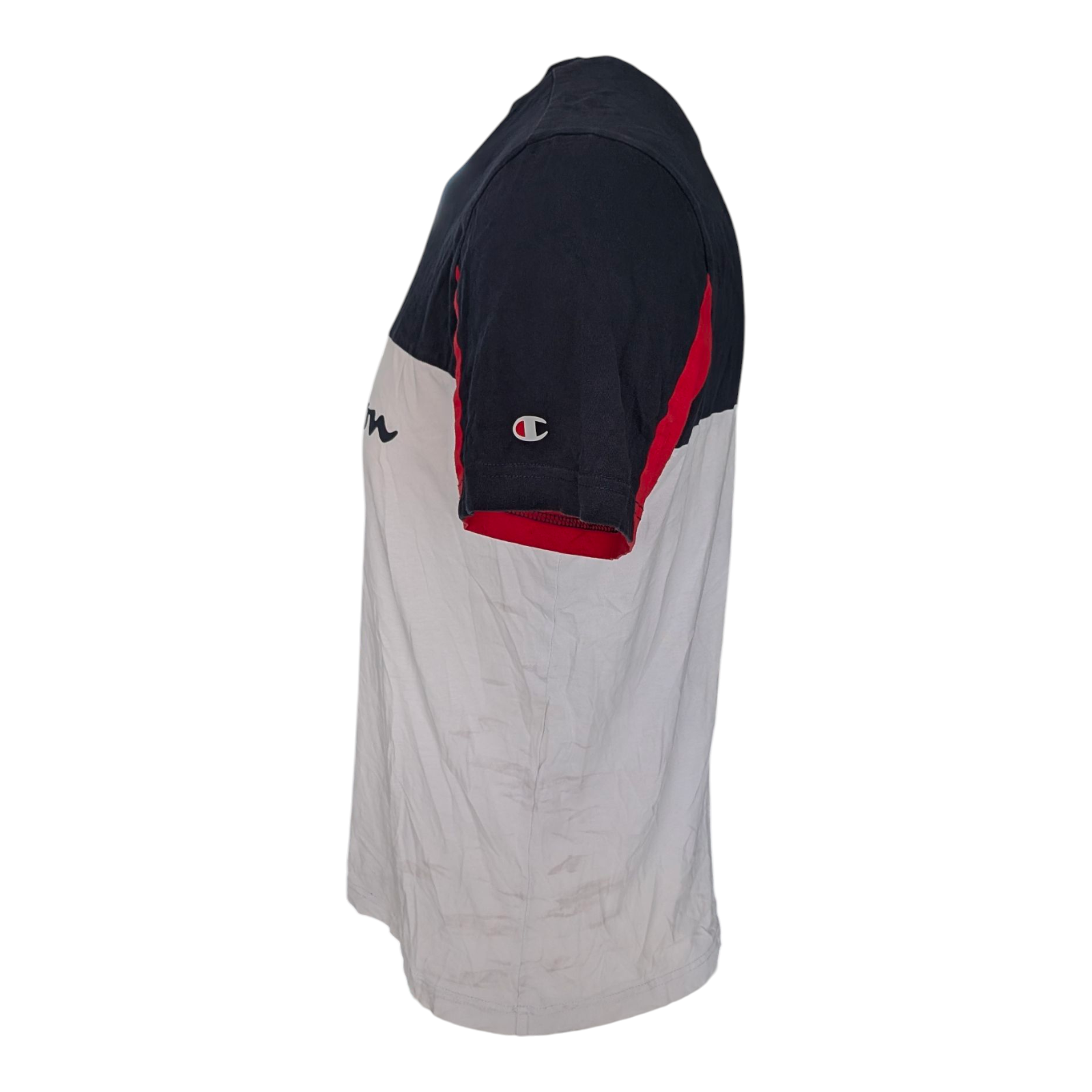 Champion Men’s T-Shirt Medium Navy White Red Color block Script Logo Tee - USASTARFASHION