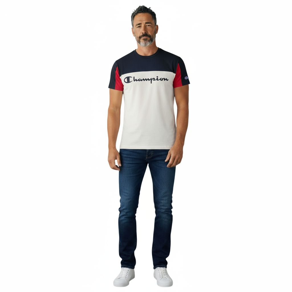 Champion Men’s T-Shirt Medium Navy White Red Color block Script Logo Tee - USASTARFASHION