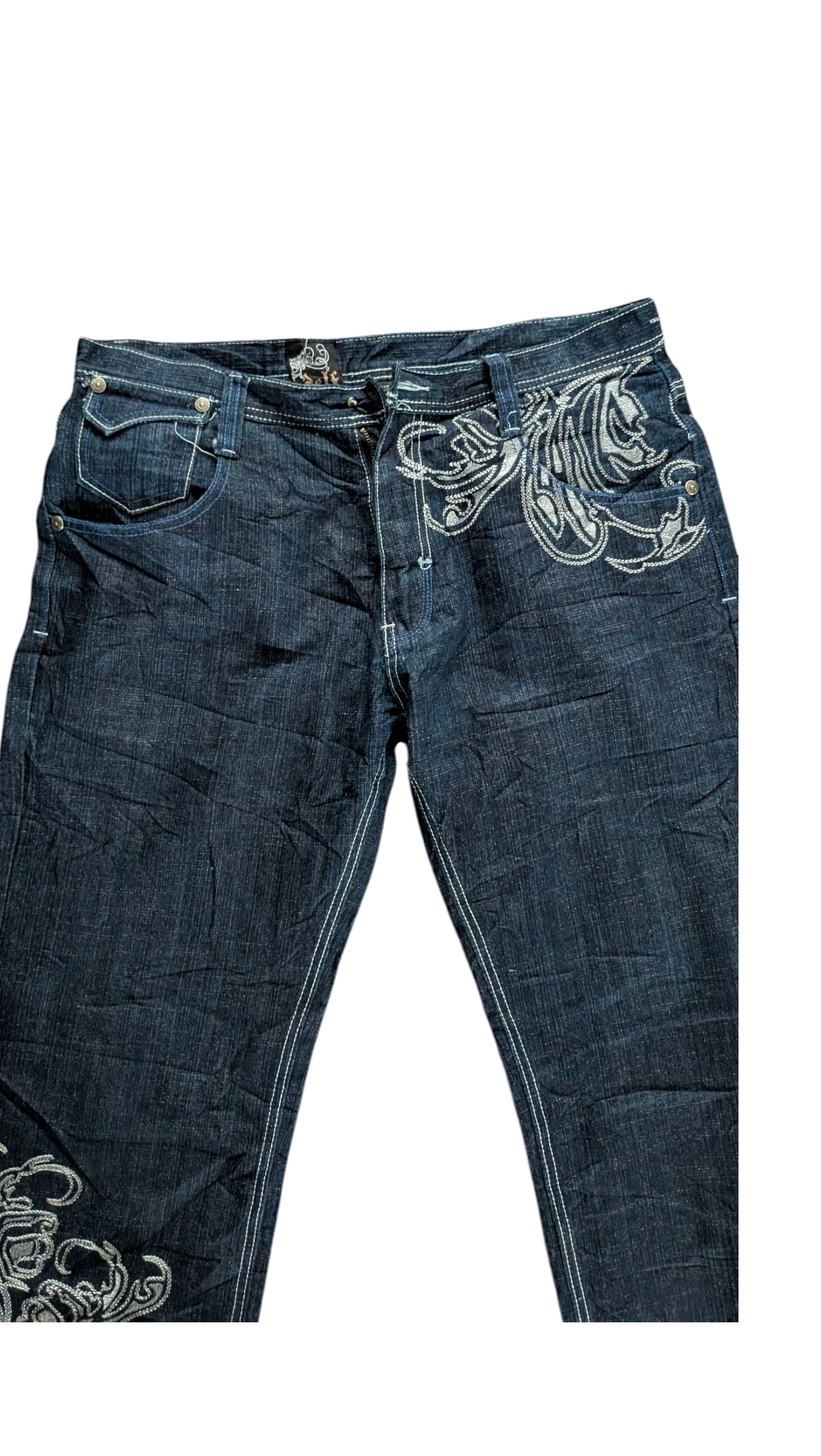 Delf W36 L32 Embroidered Jeans Baroque Floral Straight Leg Denim - USASTARFASHION