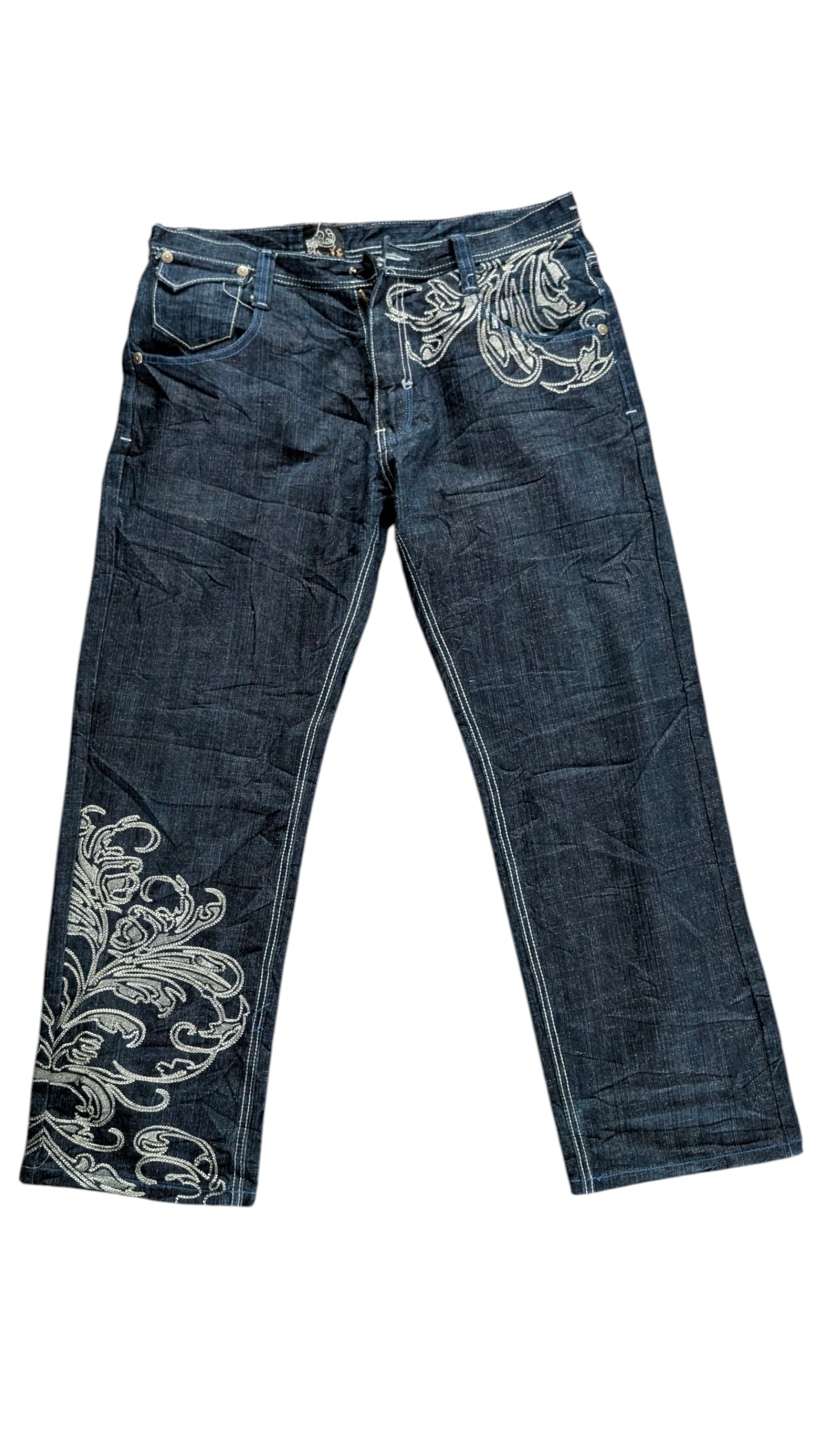 Delf W36 L32 Embroidered Jeans Baroque Floral Straight Leg Denim - USASTARFASHION