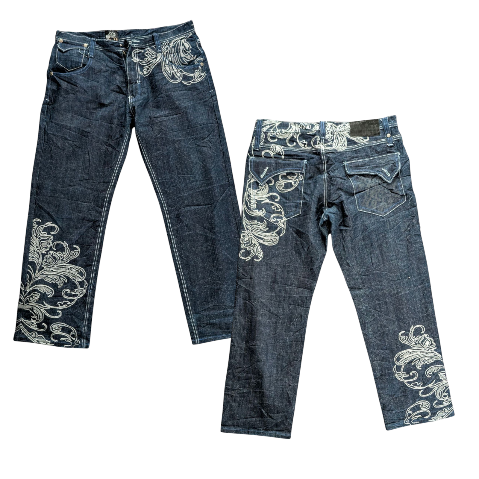 Delf W36 L32 Embroidered Jeans Baroque Floral Straight Leg Denim - USASTARFASHION