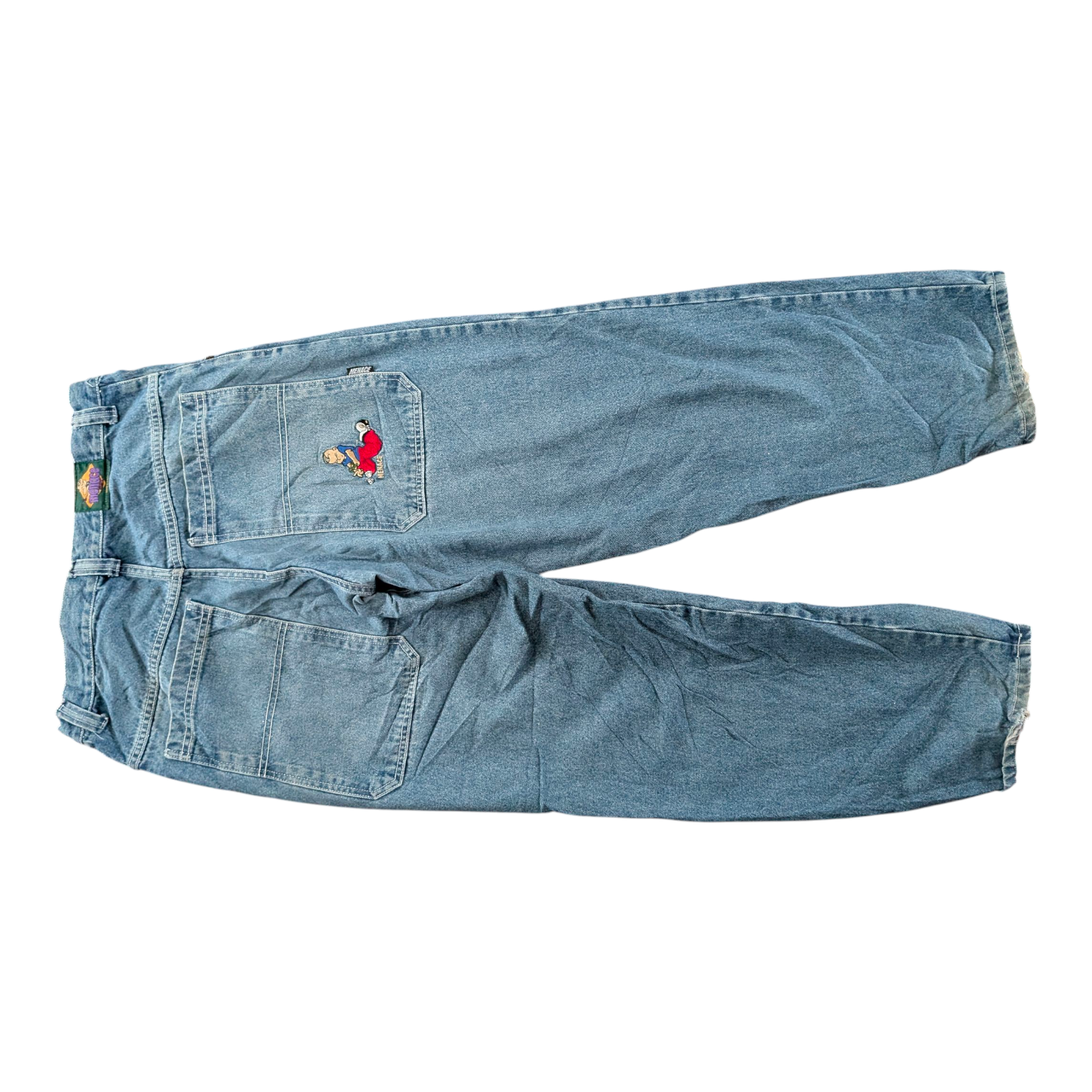 Menace Vintage Jeans W34 L32 Embroidered Patch Baggy Fit USA Made Hip Hop 90s - USASTARFASHION