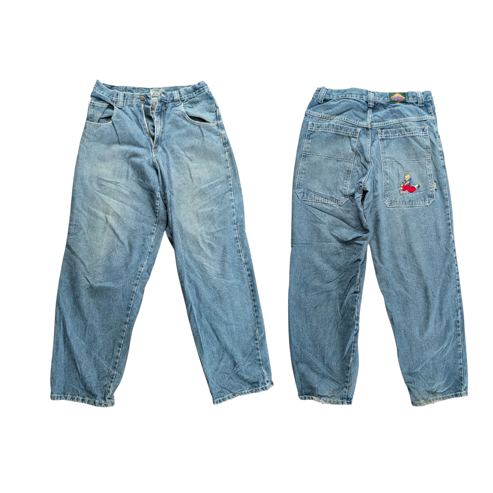 Menace Vintage Jeans W34 L32 Embroidered Patch Baggy Fit USA Made Hip Hop 90s - USASTARFASHION