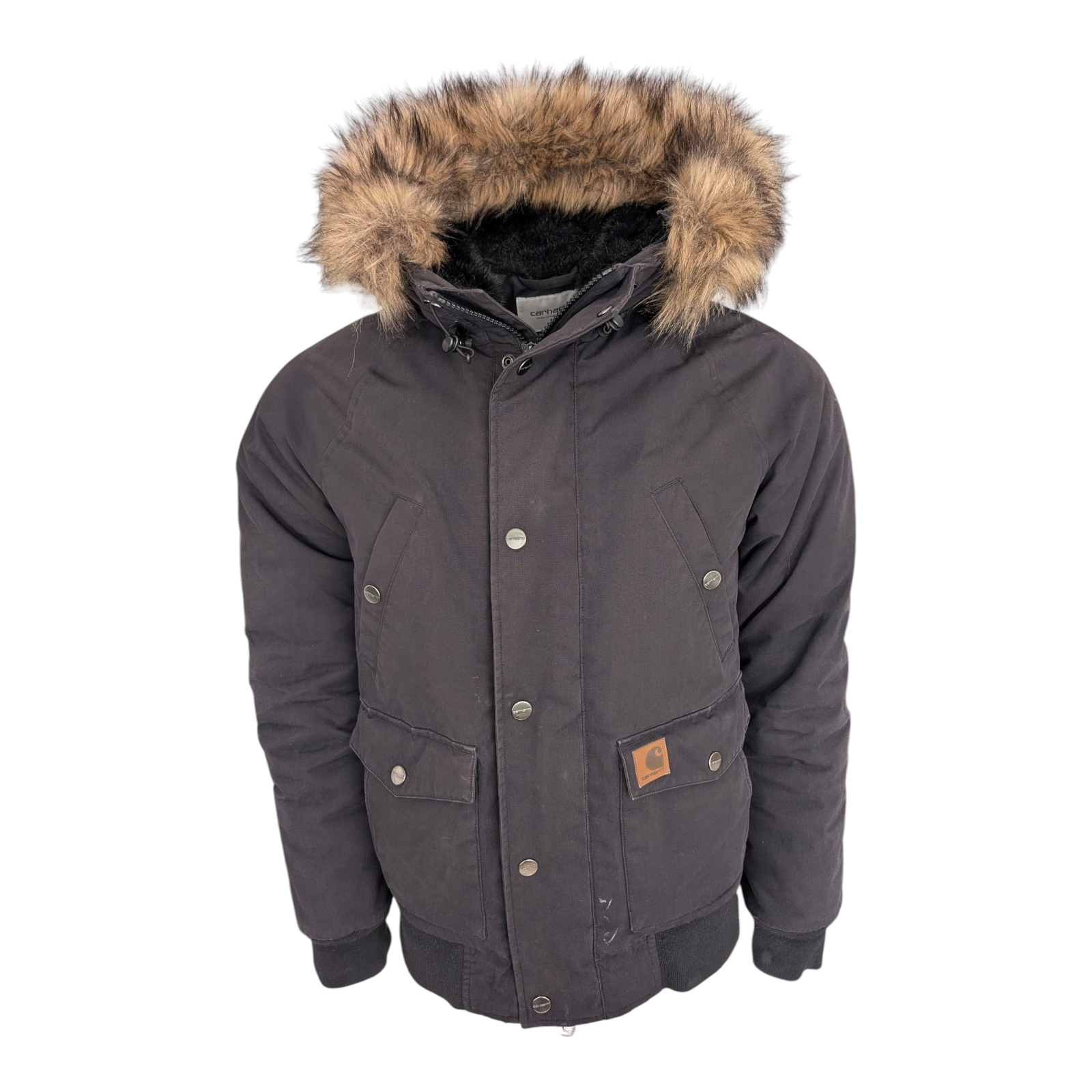 Carhartt WIP Trapper Jacket Black Faux Fur Hood Men’s Size S Small Winter Parka - USASTARFASHION