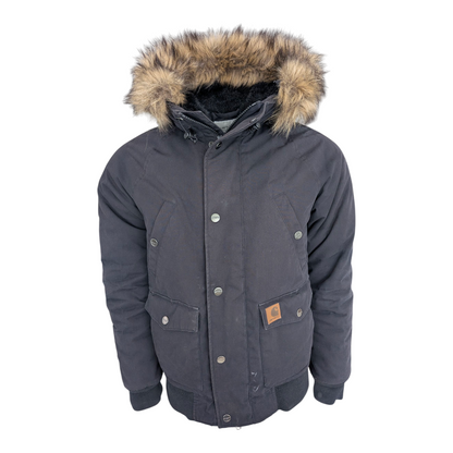 Carhartt WIP Trapper Jacket Black Faux Fur Hood Men’s Size S Small Winter Parka - USASTARFASHION