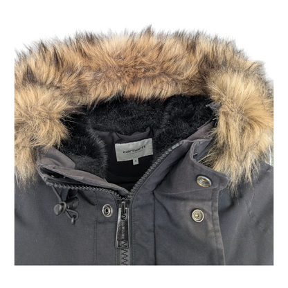 Carhartt WIP Trapper Jacket Black Faux Fur Hood Men’s Size S Small Winter Parka - USASTARFASHION