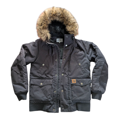 Carhartt WIP Trapper Jacket Black Faux Fur Hood Men’s Size S Small Winter Parka - USASTARFASHION