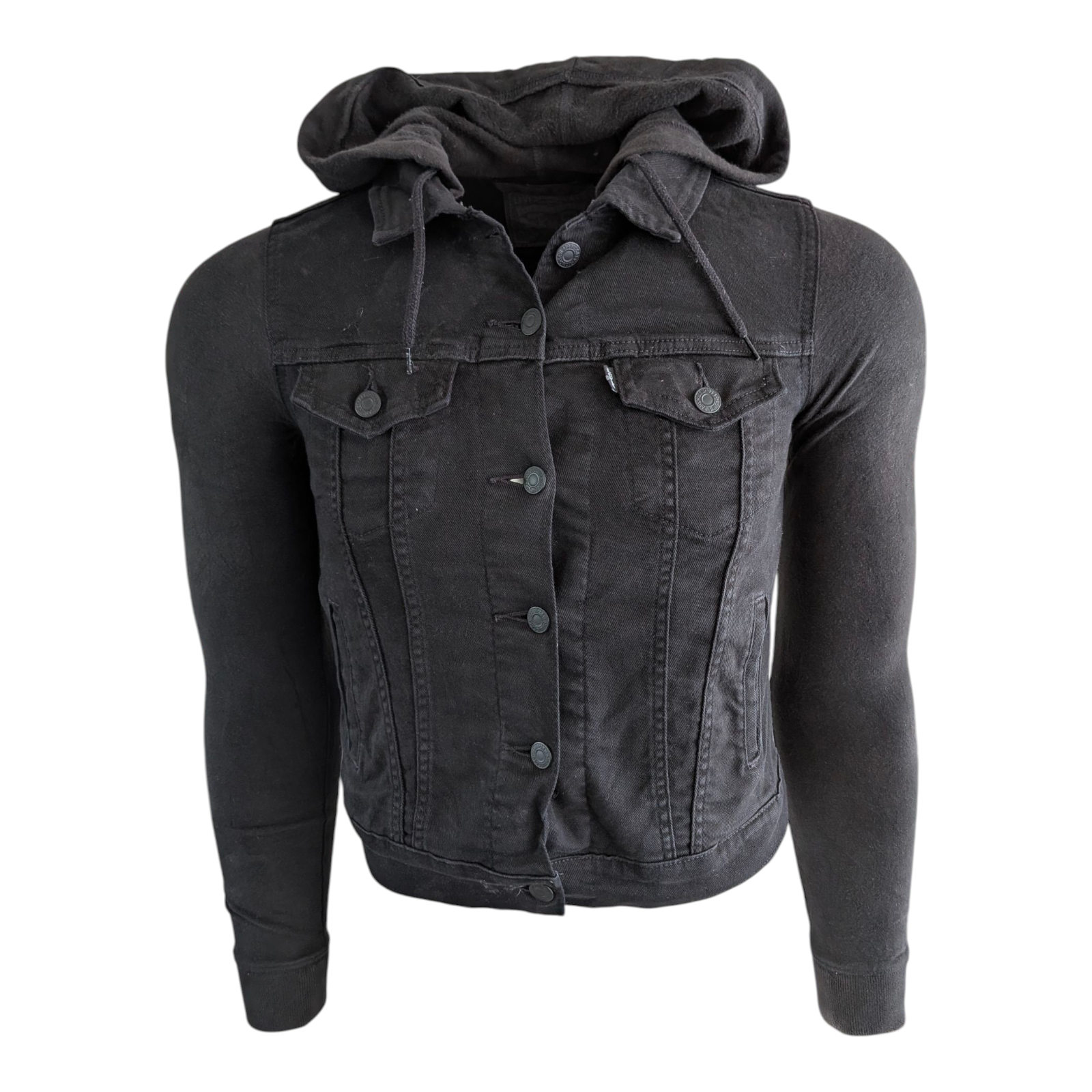 Levi’s Hybrid Original Trucker Jacket Black Small Hooded Denim Sweatshirt Sleeve - USASTARFASHION