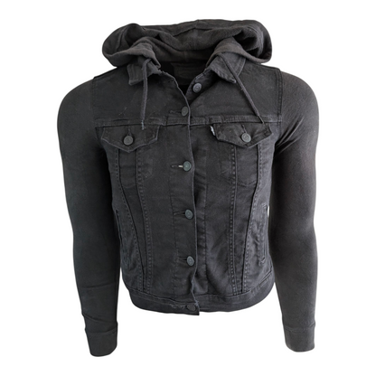 Levi’s Hybrid Original Trucker Jacket Black Small Hooded Denim Sweatshirt Sleeve - USASTARFASHION