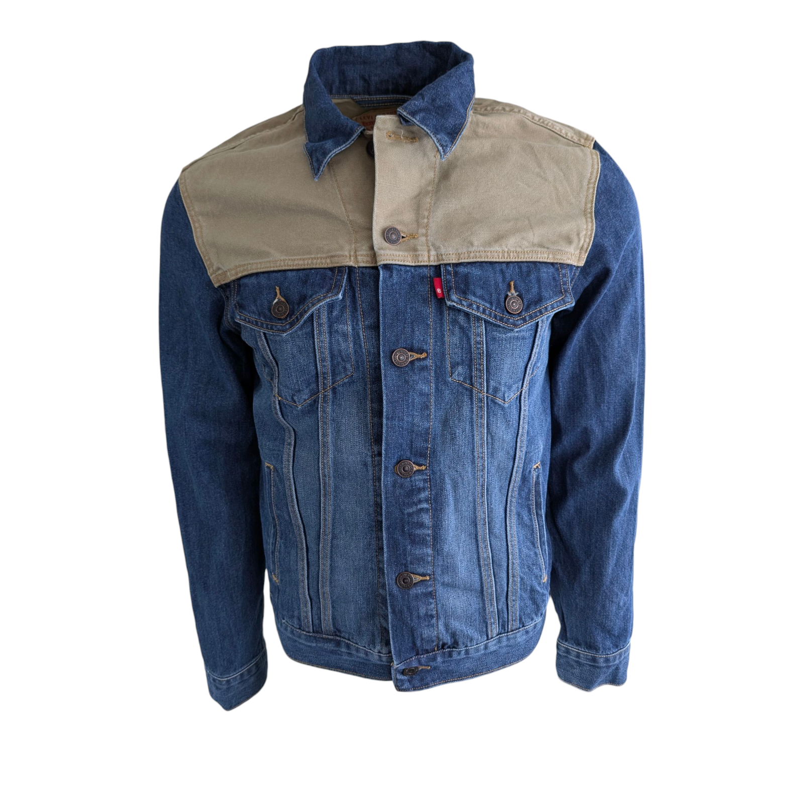 Levi’s Two-Tone Denim Trucker Jacket Men’s M Blue Khaki Canvas Panel Vintage - USASTARFASHION
