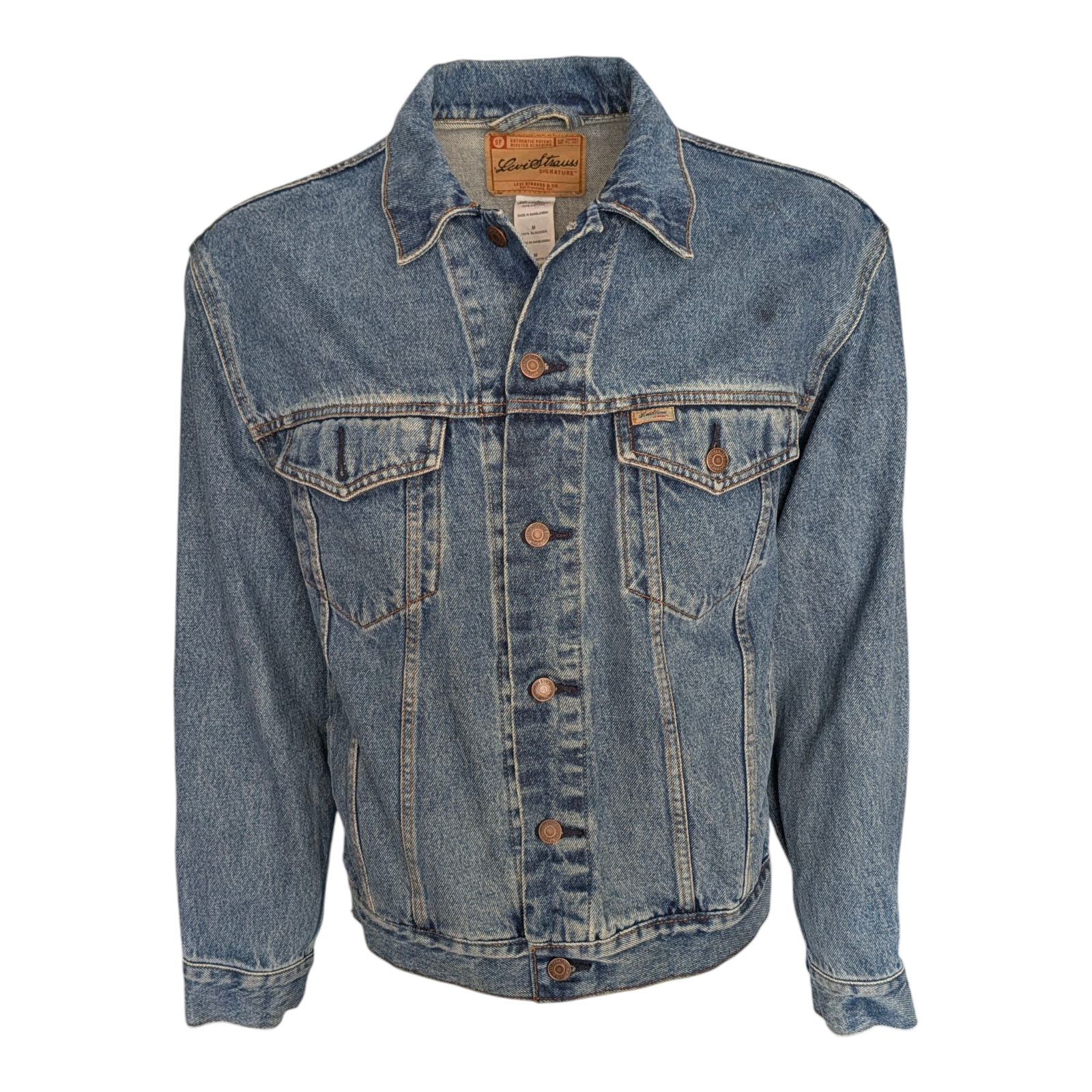 Levi Strauss Signature Denim Trucker Jacket Men’s Size M Blue – Custom Back Patc - USASTARFASHION