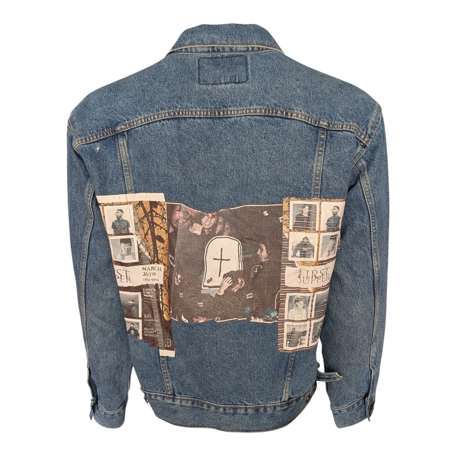 Levi Strauss Signature Denim Trucker Jacket Men’s Size M Blue – Custom Back Patc - USASTARFASHION