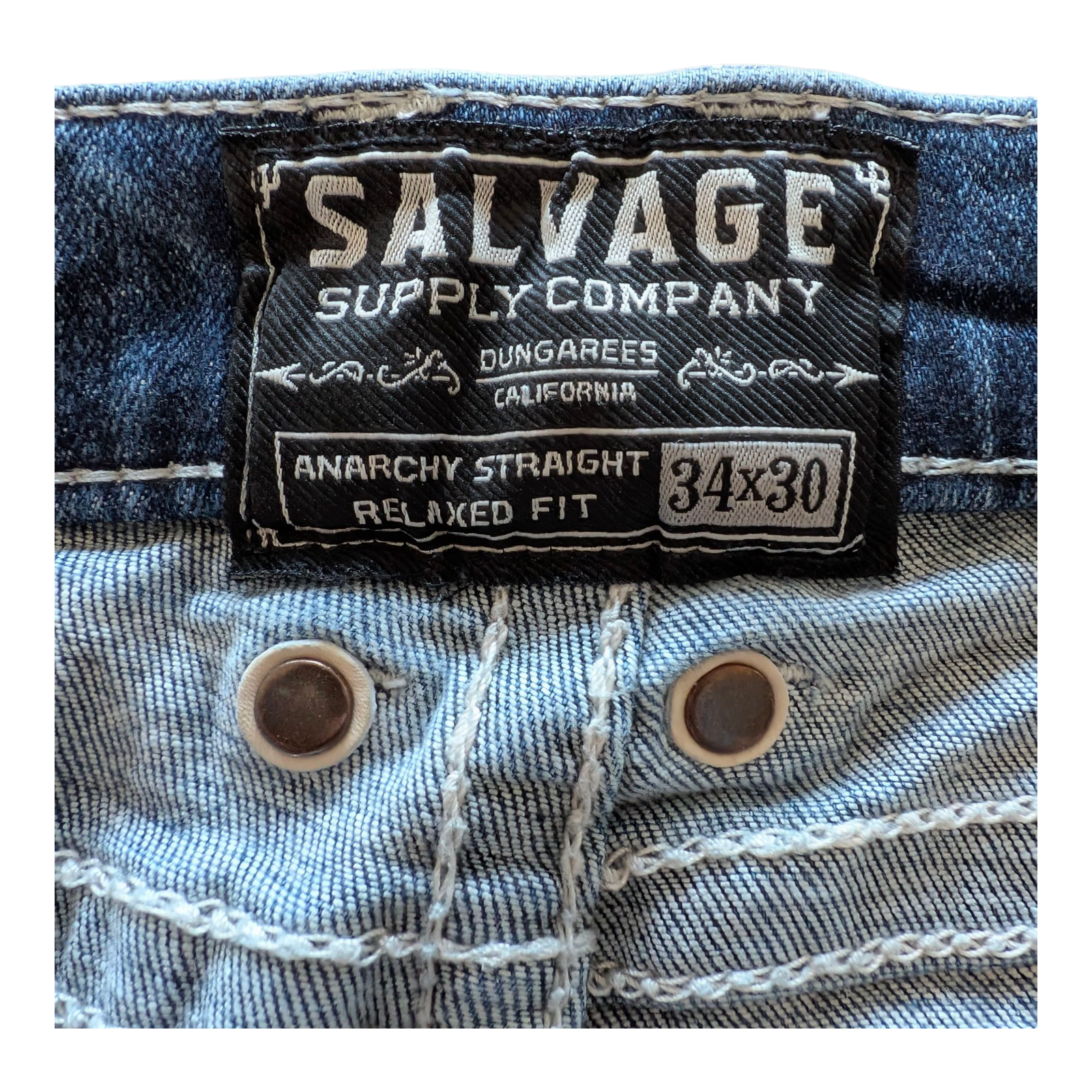 Salvage Supply Co. Jeans 34x30 Anarchy Straight Relaxed Fit Blue Buckle Distress - USASTARFASHION