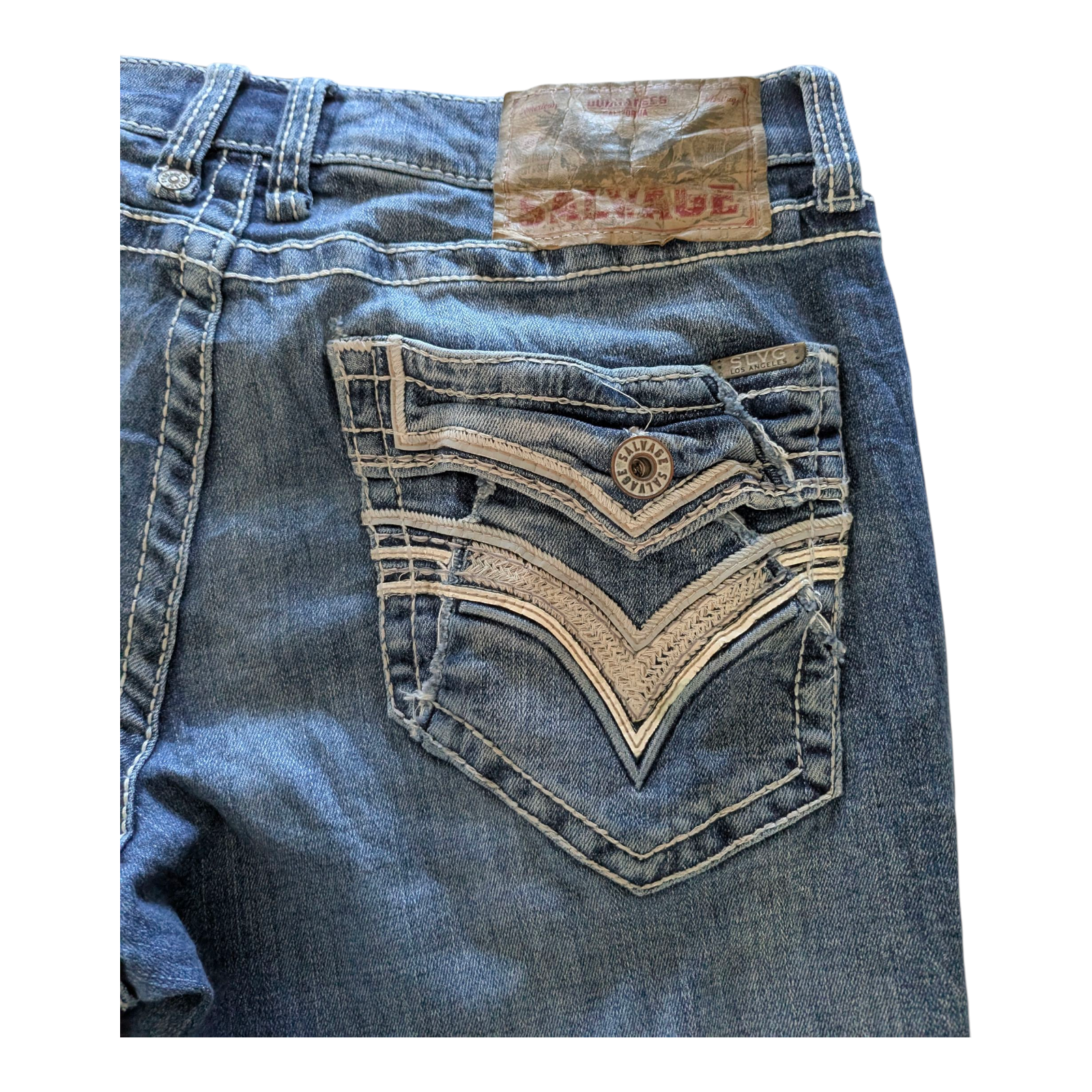 Salvage Supply Co. Jeans 34x30 Anarchy Straight Relaxed Fit Blue Buckle Distress - USASTARFASHION