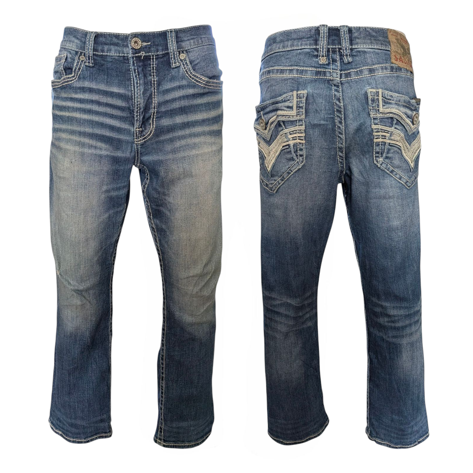 Salvage Supply Co. Jeans 34x30 Anarchy Straight Relaxed Fit Blue Buckle Distress - USASTARFASHION