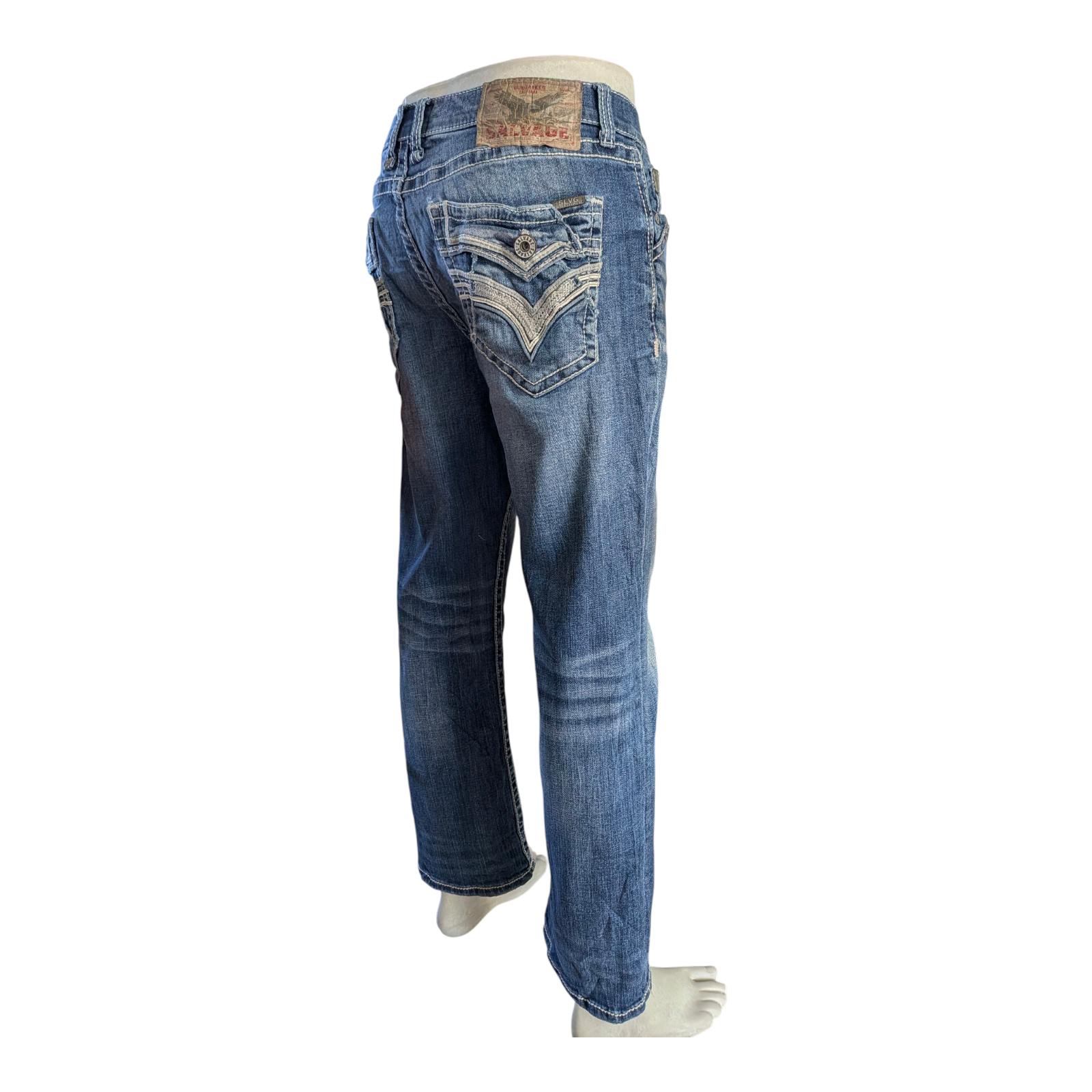Salvage Supply Co. Jeans 34x30 Anarchy Straight Relaxed Fit Blue Buckle Distress - USASTARFASHION