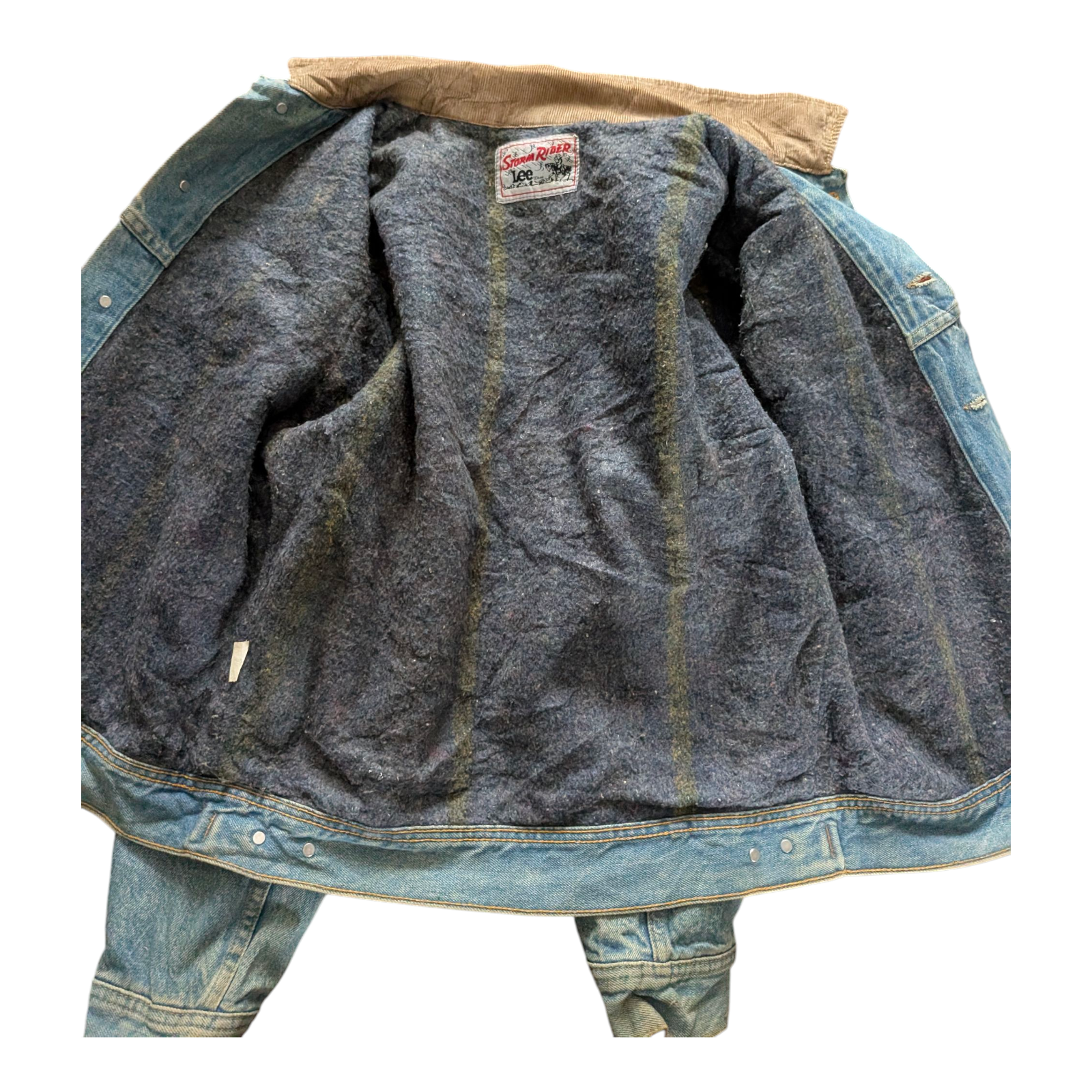 Vintage Lee Storm Rider Denim Jacket Blanket Lined Corduroy Collar USA 36R Small - USASTARFASHION