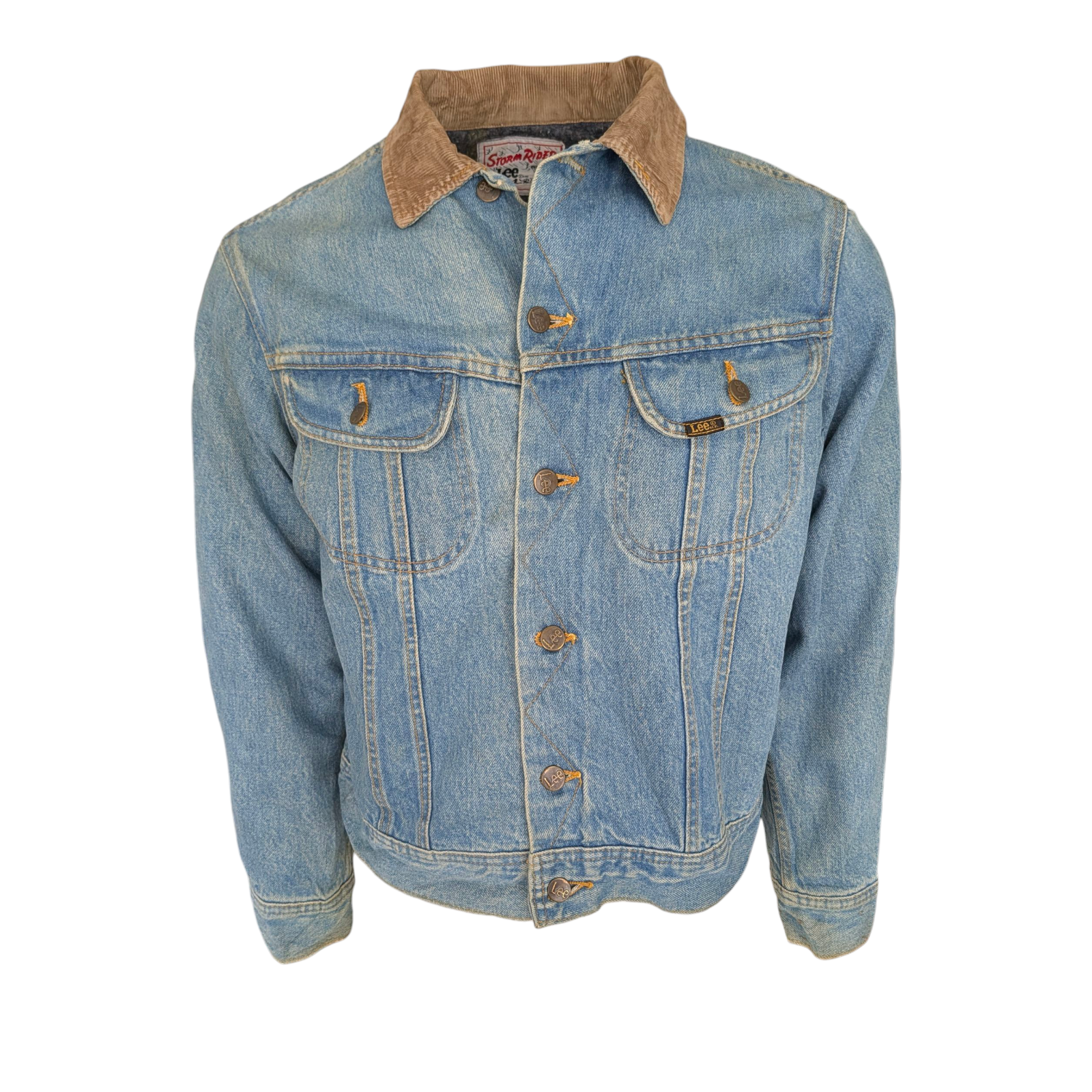 Vintage Lee Storm Rider Denim Jacket Blanket Lined Corduroy Collar USA 36R Small - USASTARFASHION