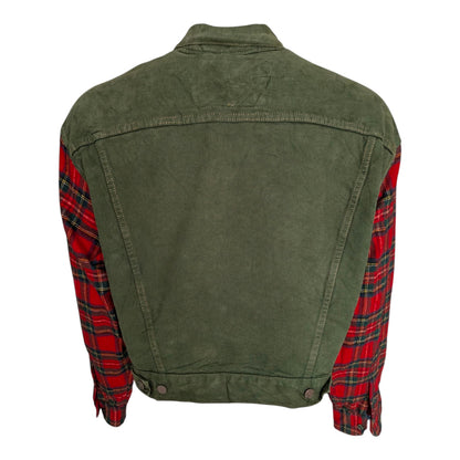 Vintage Levi's Green Denim Jacket with Red Plaid Sleeves Made in USA Size M - USASTARFASHION