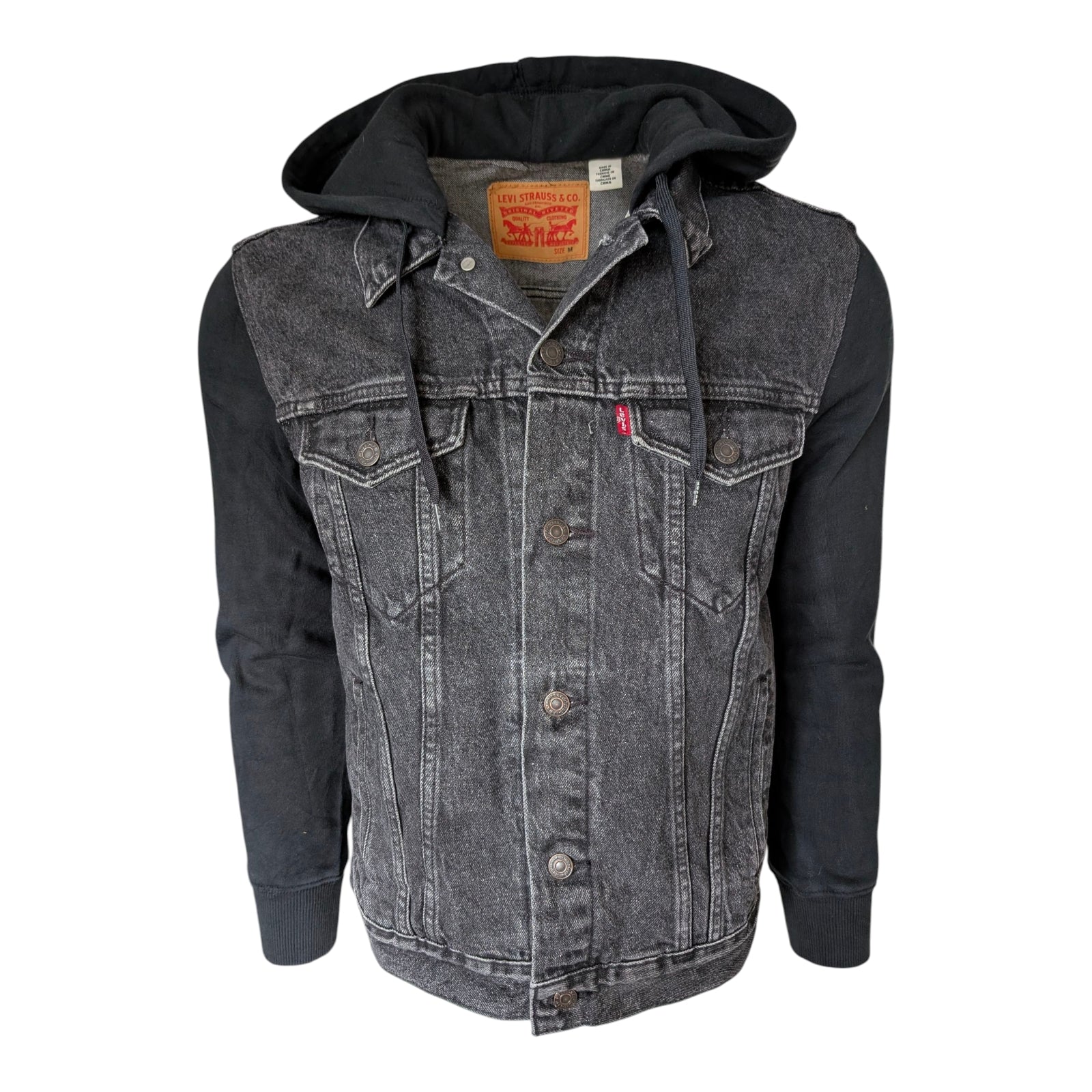 Levi’s Black Denim Hoodie Jacket – Size M – Trucker Style - USASTARFASHION