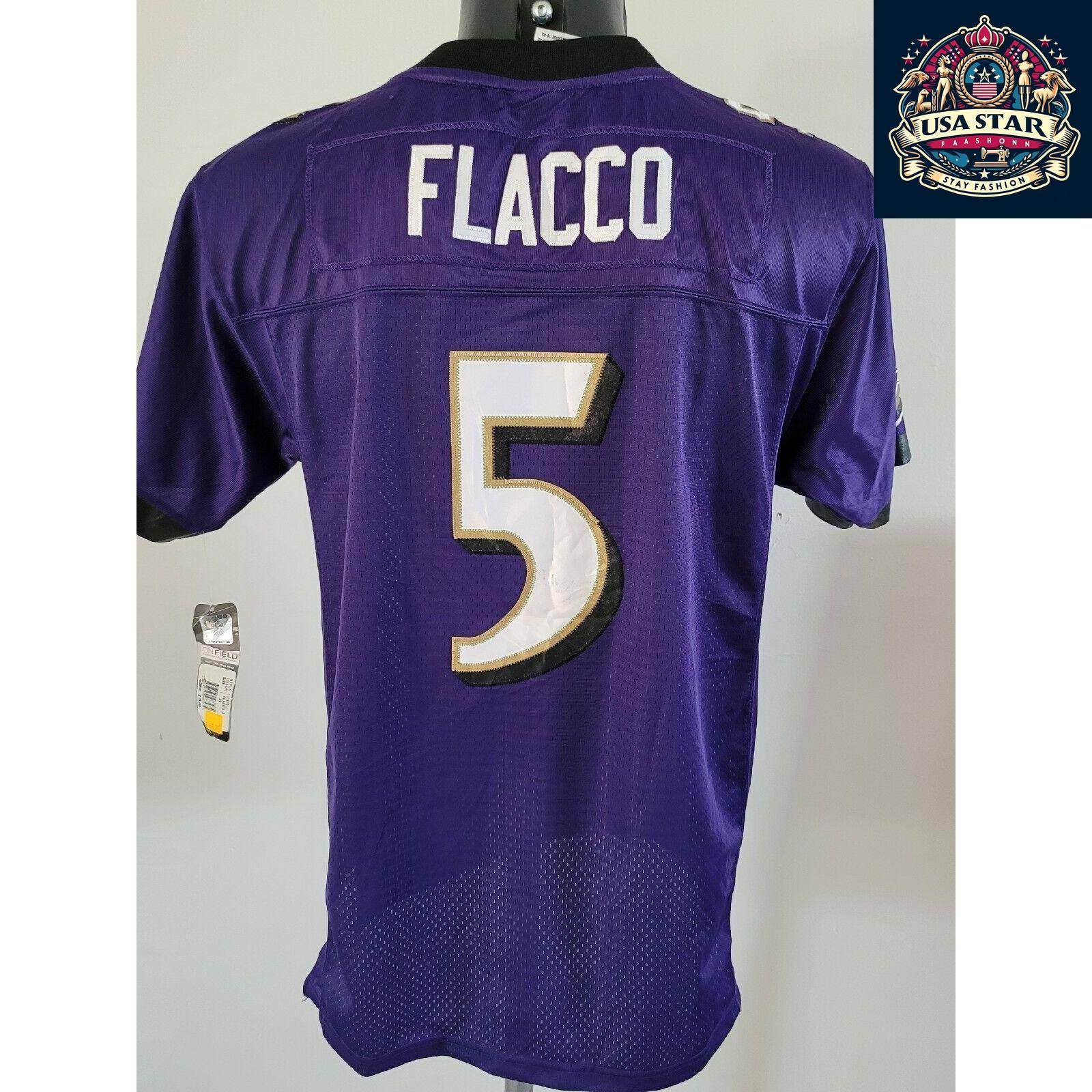 Baltimore Ravens Jersey Youth XL Flacco 5 Reebok Purple Durable Comfort High - Quality Fabric - USASTARFASHION