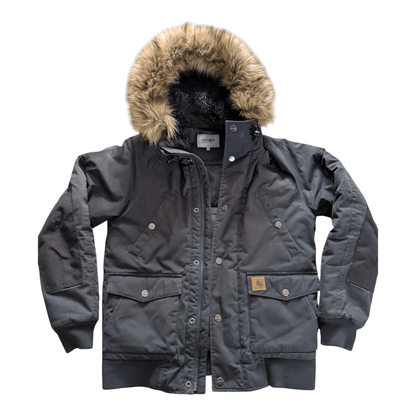 Carhartt WIP Trapper Jacket Black Faux Fur Hood Men’s Size S Small Winter Parka - USASTARFASHION