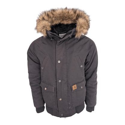 Carhartt WIP Trapper Jacket Black Faux Fur Hood Men’s Size S Small Winter Parka - USASTARFASHION