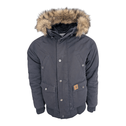 Carhartt WIP Trapper Jacket Black Faux Fur Hood Men’s Size S Small Winter Parka - USASTARFASHION