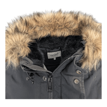 Carhartt WIP Trapper Jacket Black Faux Fur Hood Men’s Size S Small Winter Parka - USASTARFASHION