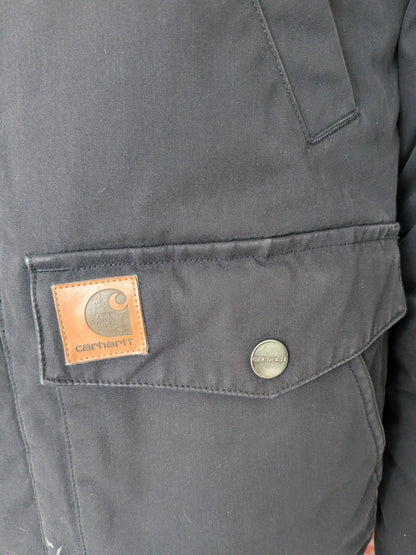 Carhartt WIP Trapper Jacket Black Faux Fur Hood Men’s Size S Small Winter Parka - USASTARFASHION